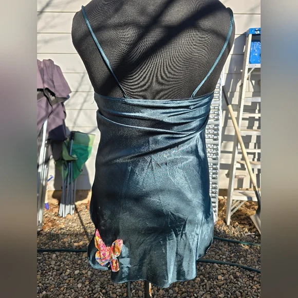 Vtg 90's Teal Green Satin Butterfly Slip Dress - Picture 4 of 9